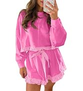 Fisoew Women's 2 Piece Lounge Sets Color Block Ruffle Cropped Sweatshirts Loose Drawstring Waist ...
