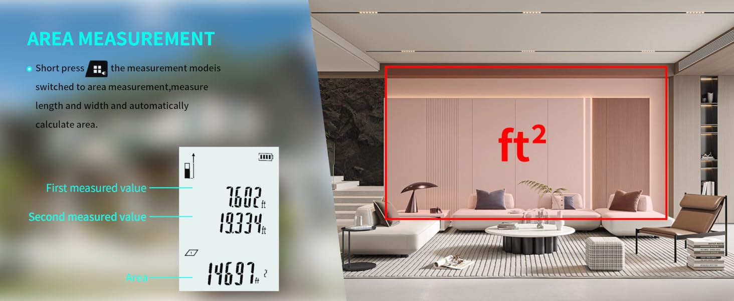 Area mode, length/width input, auto-calculate area in square feet with real-time data display.