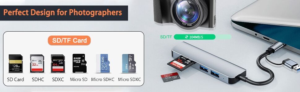 USB C to USB Hub 3.0 with SD/TF Card Slot