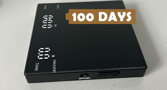 Rechargeable coffee scale Type C port and low battery indicator.