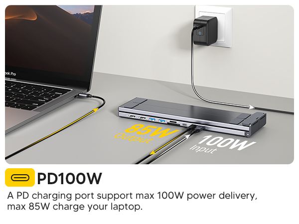 Text reads 'PD100W' and 'A PD charging port support max 100W power delivery, max 65W charge your laptop.' Product shows a sleek gray USB-C charging hub connected to a laptop.