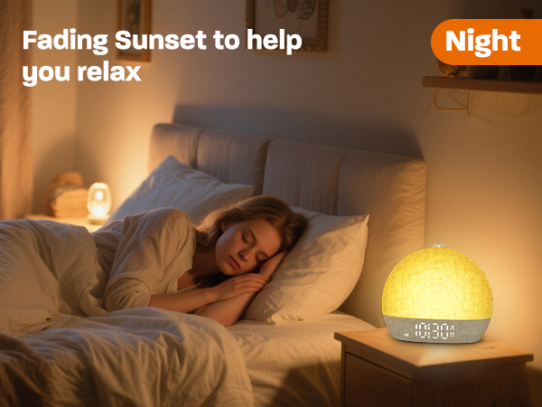Text reads 'Fading Sunset to help you relax' and 'Night'. Bedroom scene with warm sunset-colored lamp creating ambient lighting effect.
