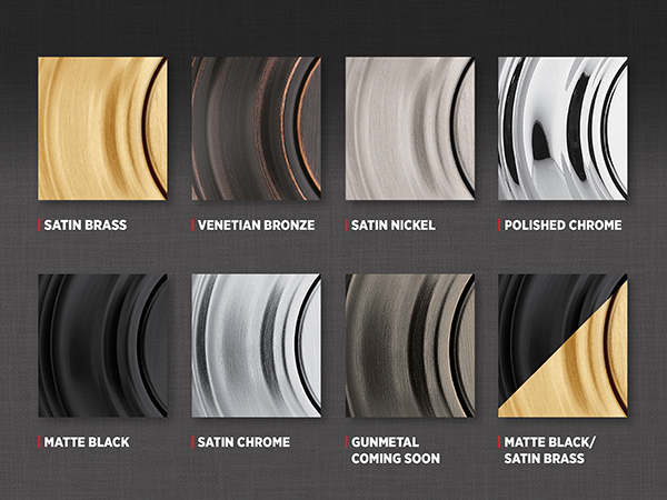 Swatches of 8 finishes including variants of brass, chrome, bronze, nickel, black, and gunmetal.