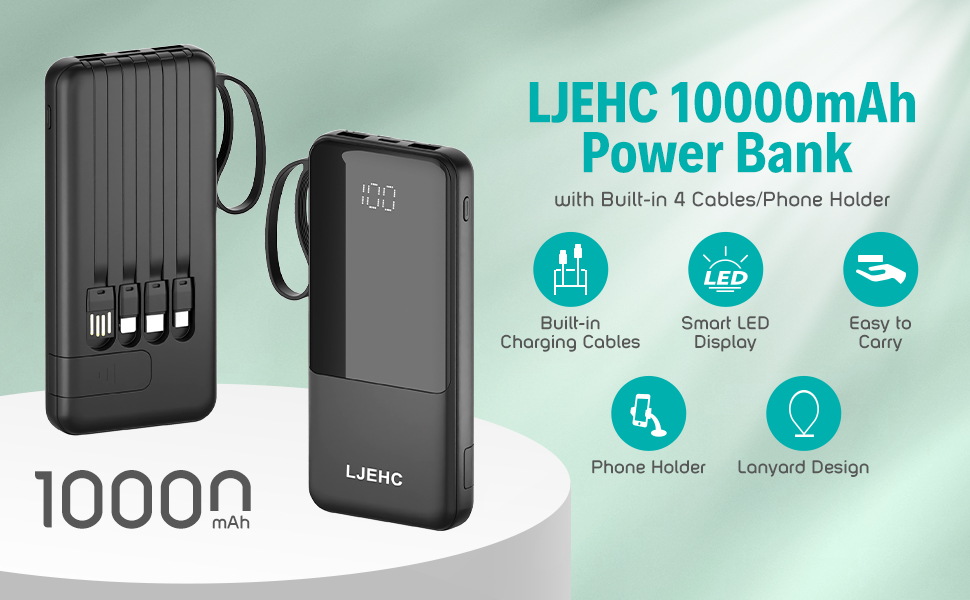 10000mah power bank with built in cable