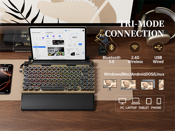 Multi- Connection Ways with the retro tyewriter keyboard for PC TABLET Laptop using