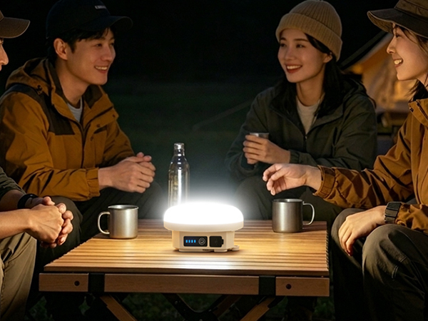 rechargeable camping lantern on a table at a night campsite with friends dining