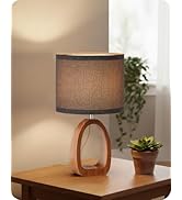 GOEBLESON Gray Table Lamp, Small Wood Bedside Lamp with Gray Linen Lampshade &amp; Dark Pearwood Base...