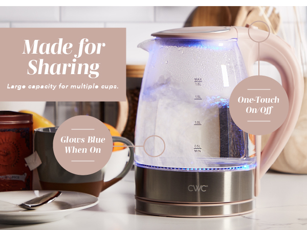 Electric glass kettle with 360° swivel base and one-touch control for effortless serving and sharing