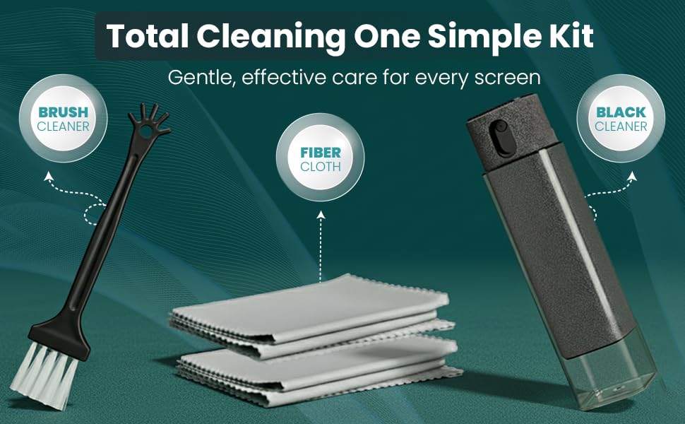Screen cleaning kit with spray bottle, microfiber cloth, and small brush included
