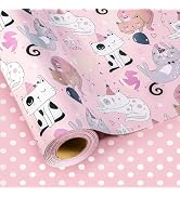 MAYPLUSS Cat Wrapping Paper, 17 Inch X 33 Feet Cute Pink Cat Gift Wrap Paper with Polka Dot for B...