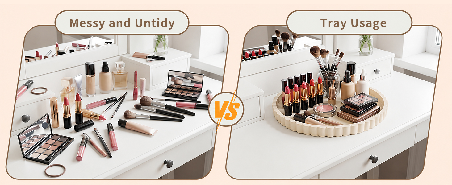 Text reads 'Messy and Untidy' and 'Tray Usage'. Two-panel comparison showing makeup brush organization in storage containers and cosmetic tray arrangement.