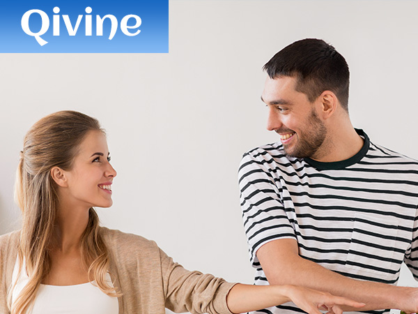 Text reads 'Qiivine'. Multiple scenes showing people relaxing on what appears to be massage or therapeutic equipment in casual indoor settings.