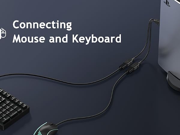 Computer setup illustration showing keyboard and mouse connection icon against dark blue background, with line art style peripherals and connection cables.