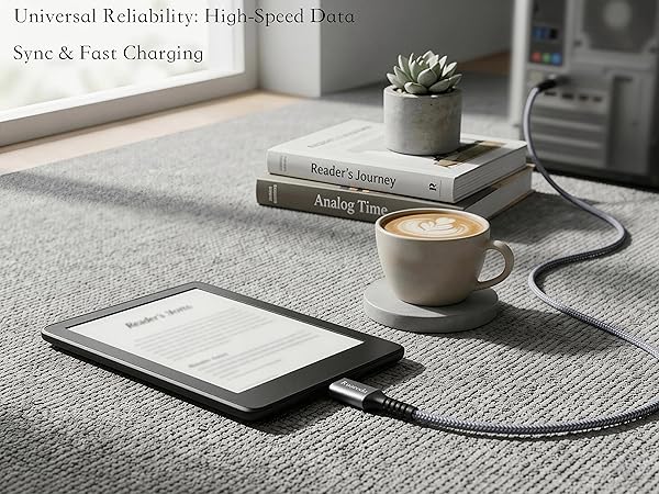 Long 6ft micro usb charger cord powering kindle e-reader for fast data sync and charging