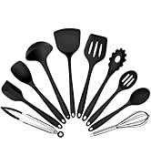 Silicone Cooking Utensils Set of 10, Leonyo Black Kitchen Utensils Set for Cooking, 446°F Heat Re...