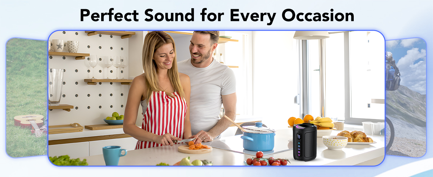Text reads 'Perfect Sound for Every Occasion'. A collection of electronics and audio equipment images arranged in a horizontal banner layout.