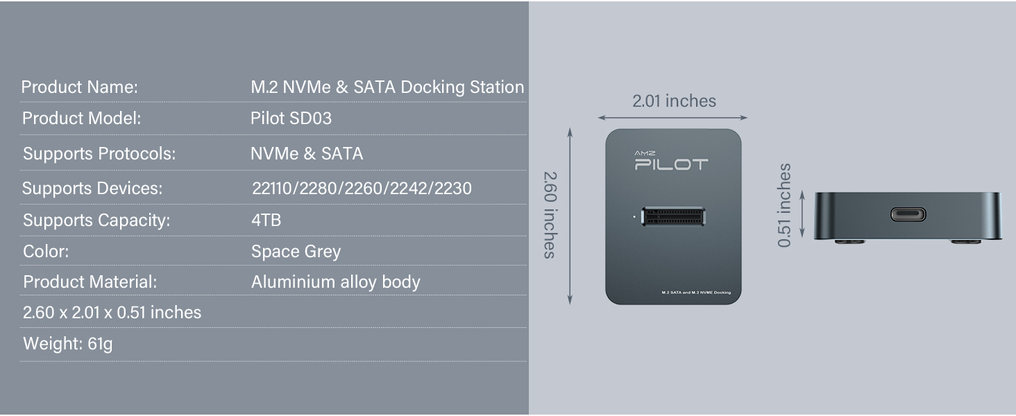 Compact and portable M.2 adapter size 2.60 x 2.01 x 0.51 inches for office and business travel.