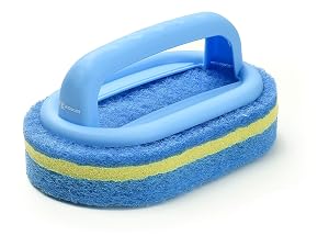 Series showing assembly of a cleaning tool with blue sponge base and yellow stripe, demonstrating attachment process.
