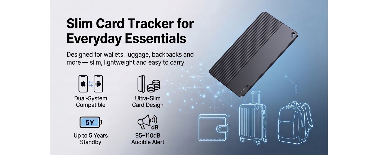 Ultra-Slim Tracker Card with Dual-System Support, Up to 5-Year Standby &amp;amp; Loud Audible Alert