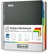 Dunwell 5-Subject Notebook, College Ruled, Colorful Movable Pocket Dividers with Tabs, Front/Back...