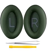Pair of dark green oval-shaped headphone ear cushions marked with L and R letters, shown with replacement tools below.