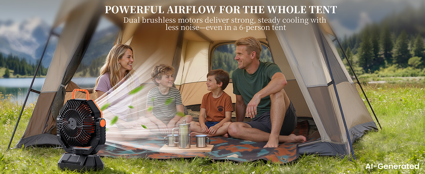 Quiet and powerful dual-motor fan provides strong cooling, an essential piece of camping gear