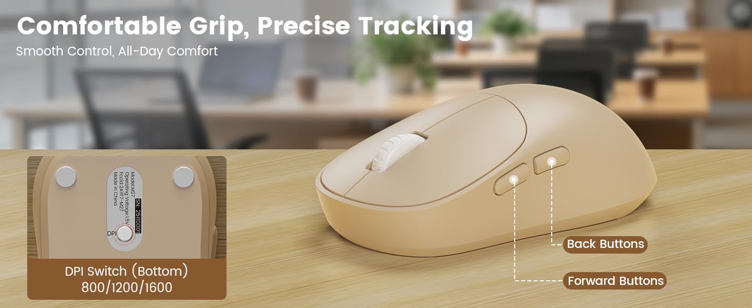 wireless mouse showing DPI switch 800 1200 1600 with forward and back buttons for precise tracking