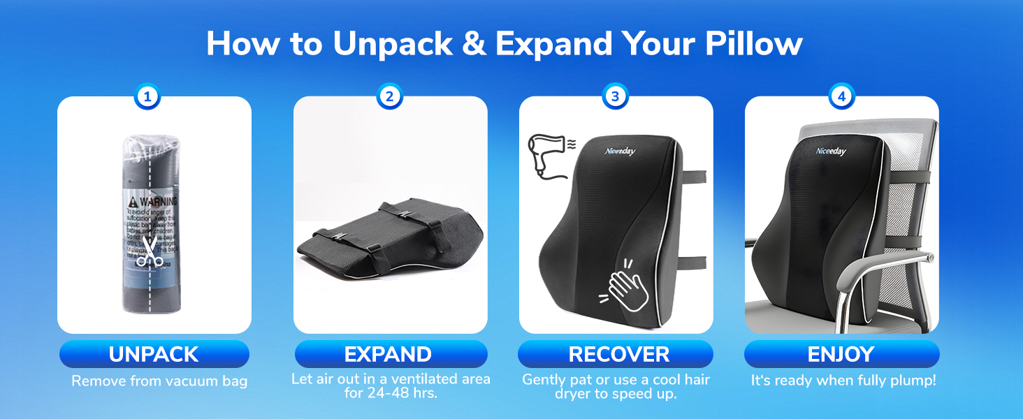 Text reads 'How to Unpack &amp; Expand Your Pillow'. Instruction sequence showing steps labeled 'UNPACK', 'EXPAND', 'RECOVER', 'ENJOY' for pillow setup.