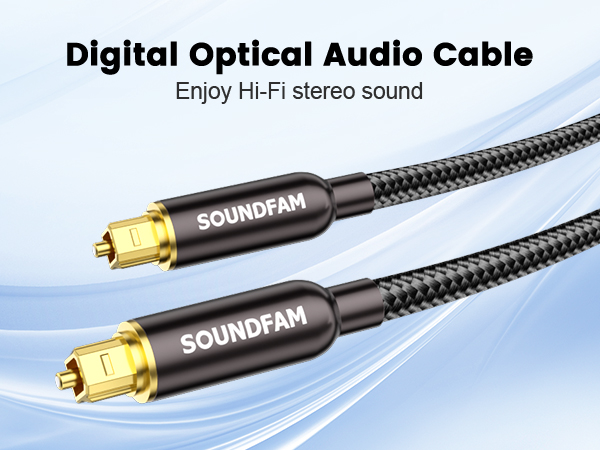 Text reads 'Digital Optical Audio Cable' and 'Enjoy Hi-Fi stereo sound'. Black braided cable with gold-plated SOUNDFAM connectors at both ends.