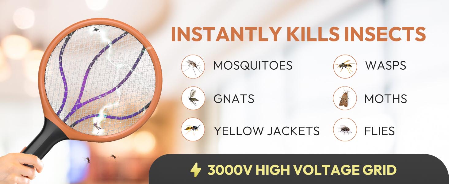 Kill Insects, Mosquitoes, Wasps, Gnats, Moths, Yellow Jackets, Flies, Electric High Voltage Swatter