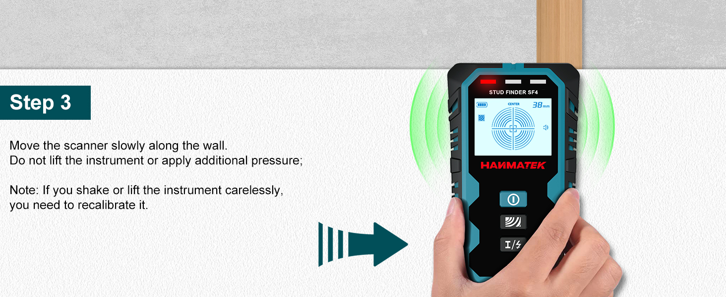 Text reads 'Step 3'. Digital measuring device with LCD display showing wireless signal indicators, appears to be a distance measurement tool or laser meter.