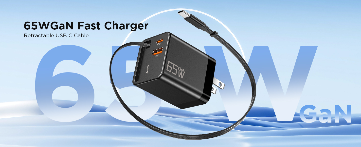 65W Retractable Wall Charger, USB C Charger Block Built-in Type C Cable &amp;amp; Dual Port