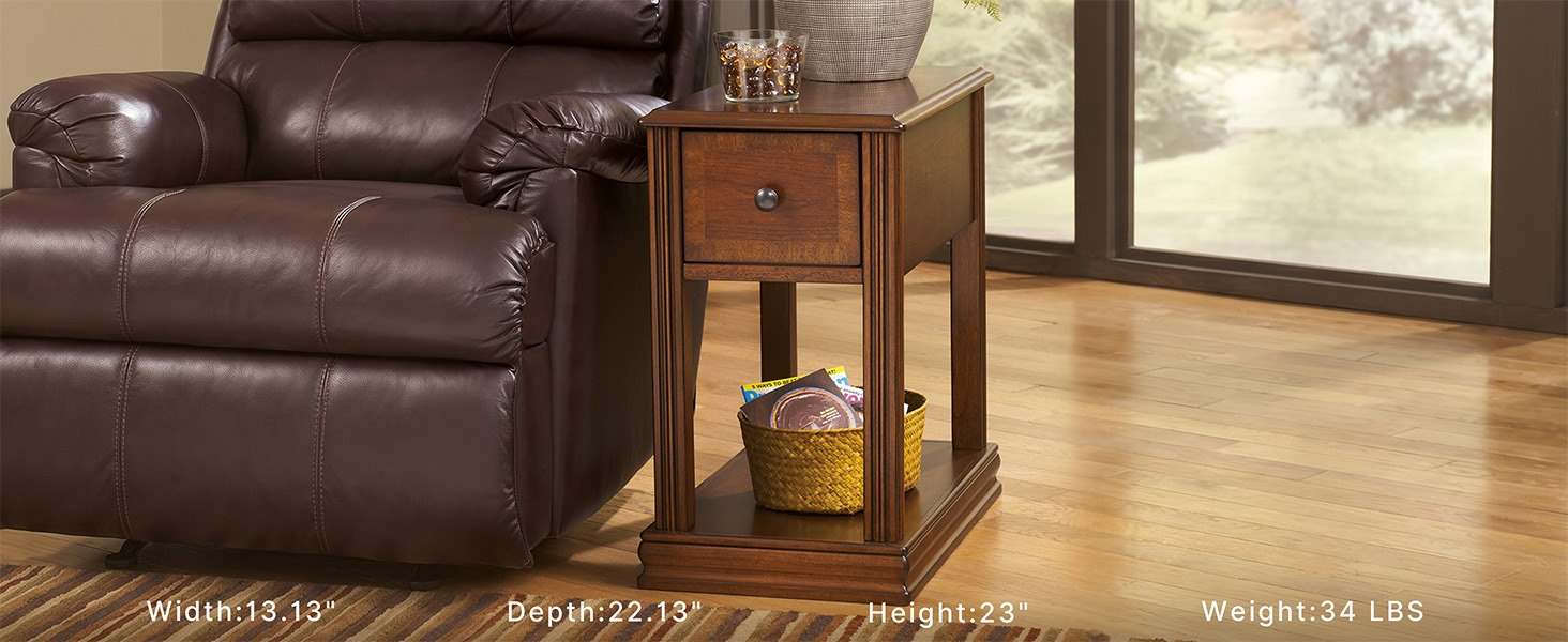 Living room seating area with narrow side table fitting snugly next to a brown leather recliner
