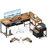 AODK L Shaped Computer Desk with Fabric Drawers and File Cabinet, 61" Reversible Home Office Work...
