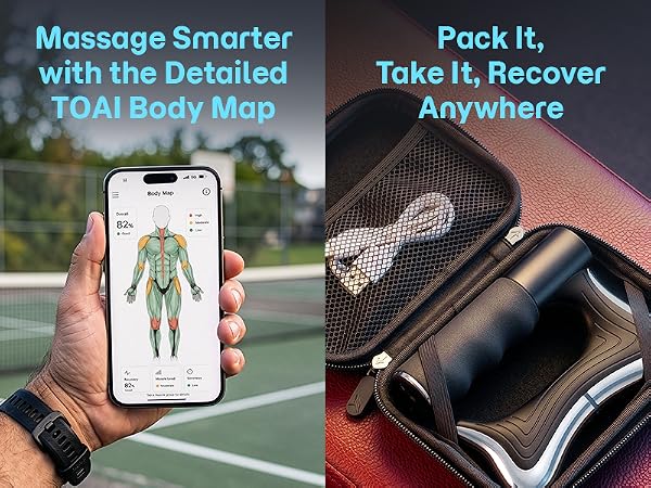 Premium travel kit featuring an electric fascia massager, QR Body Map and USB-C cable