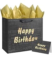 13" Large Black and Gold Happy Birthday Gift Bag with Tissue Paper and Card for Men Women Birthday