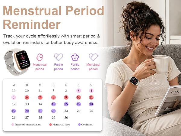 Text reads 'Menstrual Period Reminder Track your cycle effortlessly with smart period &amp; ovulation reminders for better body awareness.' Smartwatch worn on wrist displaying menstrual cycle tracking calendar with color-coded dates and fertility indicators. Woman wearing white top looking at device.
