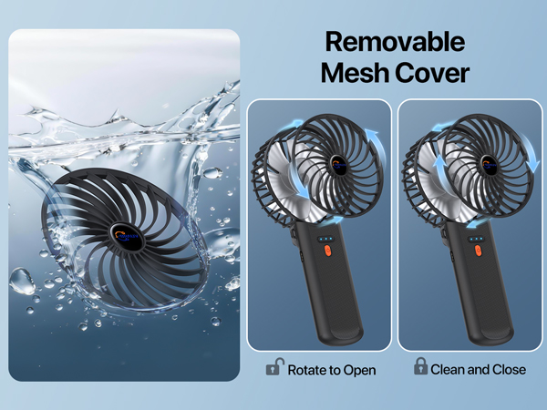Text reads 'Removable Mesh Cover' with icons 'Rotate to Open' and 'Clean and Close'. Portable fan submerged in water on left; two views of black handheld fan with detachable mesh cover on right.