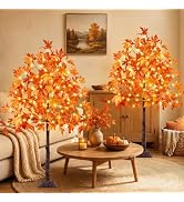 2Pack 5FT 200LED Artificial Lighted Maple Tree, Fall Decorations for Home, Timer Function Prelit ...
