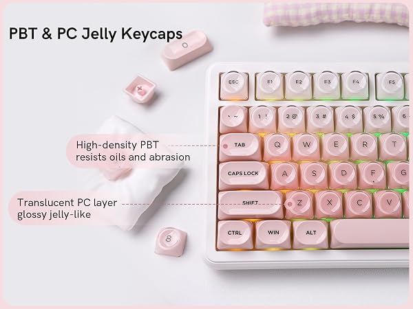 Premium PBT + PC 128-key keycaps, soft translucent finish