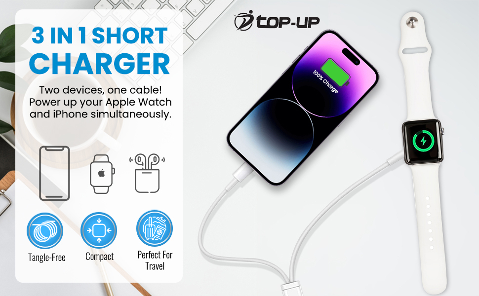 3 in 1 short charging cable. Power up your Apple Watch and iPhone simultaneously.