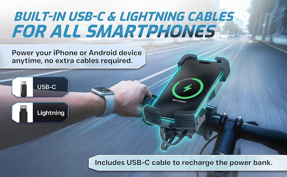 Built-In USB-C &amp;amp; Lightning Cables for All Smartphones. Power your iPhone or Android device anytime.