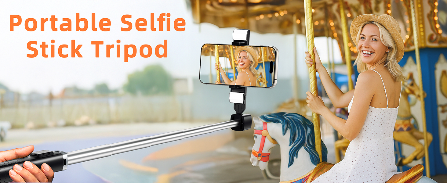 Text reads 'Portable Selfie Stick Tripod'. Multiple outdoor scenes showing people using selfie stick device in various settings.