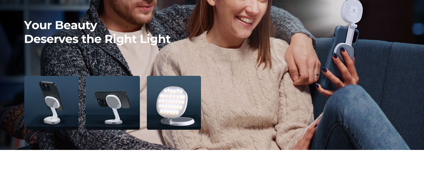 Text reads 'Your Beauty Deserves the Best'. Product interface showing three circular icons against backdrop of people using device on couch.