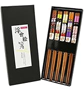 Exzact Chopsticks Gift Set - 5 Pairs of Reusable Natural Bamboo Chopsticks in a Beautiful Black H...
