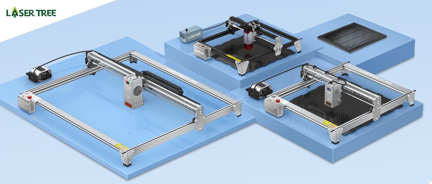 Laser Tree brand engraving machines displayed on blue background, showing various models of CNC laser engravers and cutters.
