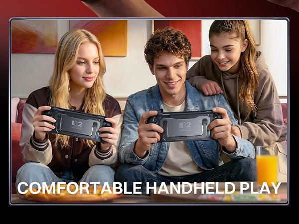 Switch 2 hard case with ergonomic grip for comfortable handheld gaming.