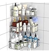 Menbyci 3 Pack Corner Shower Caddy/ Shelf with 18 Hooks, Stainless Steel Adhesive Shower Organize...
