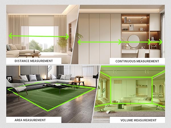 Distance measurement, continuous measurement, area measurement, volume measurement.