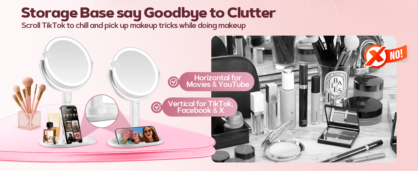 Storage base say goodbye to clutter Make Up Mirrors Stand Up Double Side Travel Mirror with Lights